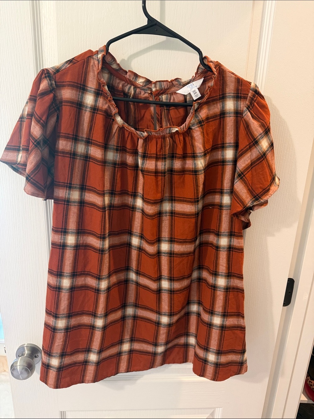 Time and Tru Rust Orange Plaid Ruffle-Neck Short Sleeve Blouse